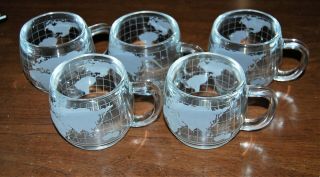 Set Of 5 Nestle Nescafe World Globe / Map Etched Glass Coffee Mugs
