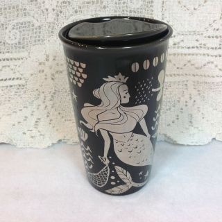 Starbucks Travel Mug Black With Silver Siren Mermaid Ceramic Mug And Lid Euc