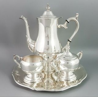 Vintage Silver Plate 4pc Tall Pedestal Coffee Tea Set On Wmf Tray Rococo Ornate