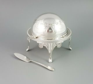 Vintage Silver Plate Roll - Top Domed Butter Dish Hand Engraved Floral Ornate Feet
