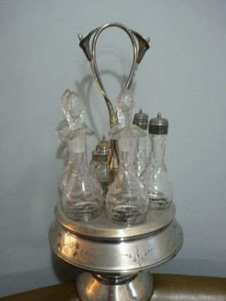 Antique Victorian Silver Plate Glass Castor Condiment Serving Set 6 Bottles