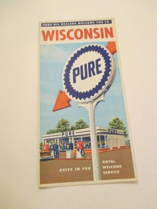 Vintage Pure Wisconsin State Travel Oil Gas Station Road Map 1950 Census