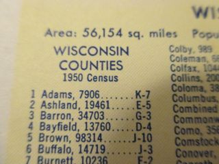 Vintage PURE Wisconsin State Travel Oil Gas Station Road Map 1950 Census 3