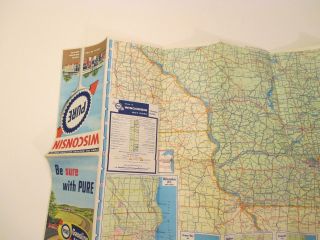 Vintage PURE Wisconsin State Travel Oil Gas Station Road Map 1950 Census 5