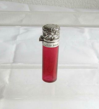 Antique Victorian Hallmarked Silver Cranberry Glass Scent Bottle - C1898