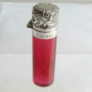 Antique Victorian Hallmarked Silver Cranberry Glass Scent Bottle - c1898 2