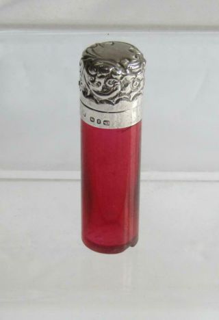 Antique Victorian Hallmarked Silver Cranberry Glass Scent Bottle - c1898 3
