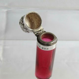 Antique Victorian Hallmarked Silver Cranberry Glass Scent Bottle - c1898 8