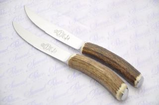 Two Stag/antler Handle Steak Knives Boxed Made In Sheffield England