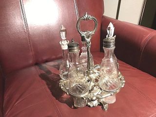 Vintage Victorian Silver Cruet With 5 Glass Decanters