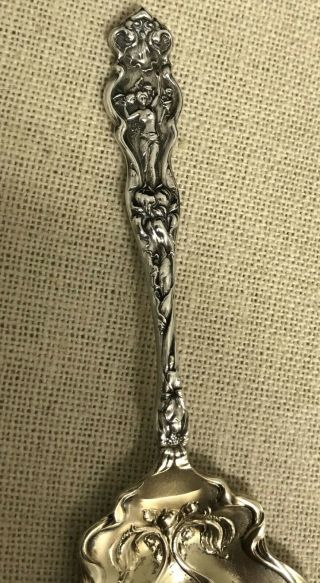ANTIQUE WALLACE STERLING SILVER IRIAN CUPID NUT SHOVEL SPOON GOLD WASH NOUVEAU 3