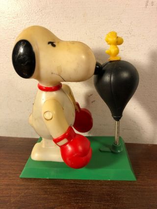 Vintage Aviva Peanuts Snoopy Woodstock The Champ Wind Up Boxer W Bag Toy