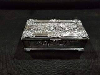Antique Jb Jennings Brothers Silver Plate Repousse 7 - 1/2 " Trinket Box Red Glass