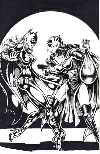 Sexy Catwoman Vs.  Batgirl Dc Batman The Dark Knight 11 " X 17 " Pen & Ink