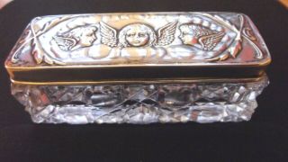 Antique Edwardian Sterling Silver Embossed Cherubs Design Lid Glass Pin Dish