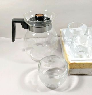 Vintage Nescafe Nestle World Globe Clear Glass Coffee Pot & Tea Mug Cup 8oz Set 4