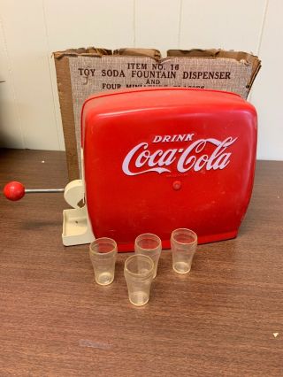 Toy Coca - Cola Soda Fountain Dispenser & 4 Miniature Glasses Set - Vintage 1950s