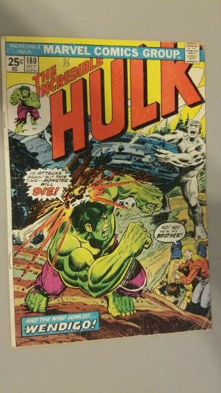 Incredible Hulk 180 (vg 4.  0) 1974 Hulk Vs Wendigo Cover; 1st Wolverine No Mvs