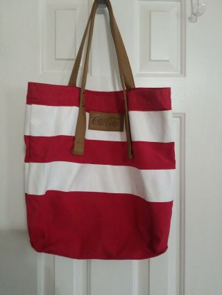 Coca Cola Red & White Canvas Type Tote Bag / Beach Bag With Tan Handles & Logo.