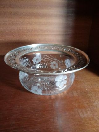 Antique Sterling Silver Carved Cut Glass Bowl - Flowers And Leaves -
