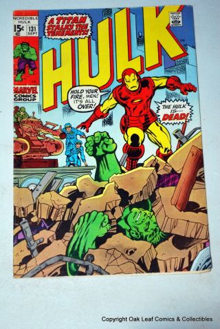 Incredible Hulk 131 Marvel Comic Book F - Vf 1st Jim Wilson Iron Man Crossover