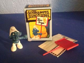 Vintage Schleich Gmbh Peyo Smurf With Sign 4.  0208 Nib