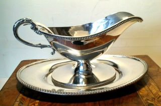 Vintage Sauce Boat Custard Gravy Jug Silver Plated Footed With Tray And Ladle