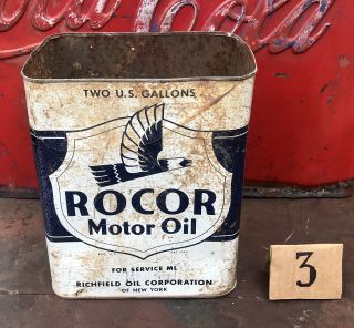 Vintage Richfield Motor Oil Can Rocor,  2 Gal Steel Can,  Arco,  Atlantic,  3