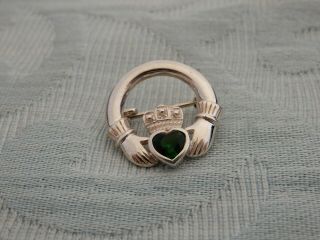 Vintage Celtic Green Crystal & Sterling Silver " Claddagh " Collar Pin Or Brooch