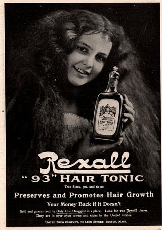 1909 D Rexall " 93 " Hair Tonic Promotes Hair Growth Quack Print Ad