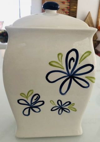 Starbucks White Ceramic Coffee Biscotti Jar Blue Floral Green Leaves 8,  " Tall