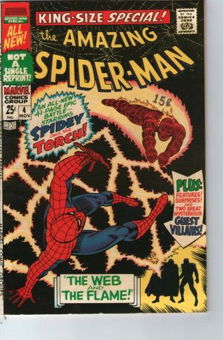 Spider - Man Annual 4 Marvel Comics 1967 Stan Lee Human Torch App.  Vf -