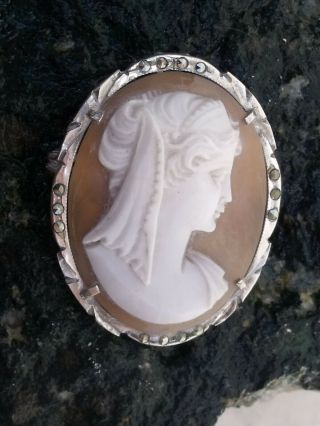 Antique Art Deco Silver Marcasite Carved Shell Cameo Brooch Pendant Not Scrap