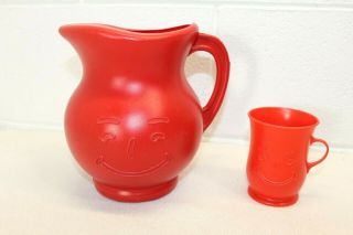 Vintage Red Blow Mold Plastic Kool Aid Man Pitcher And 1 Matching Red Cup
