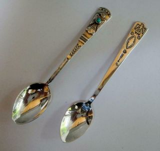 2 Small Vintage Sterling Silver Souvenir Spoons,  Thunderbirds And Turquoise