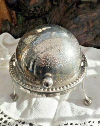 Antique Silver Plated Caviare Or Butter Dish Engraved Dome Shape Ex Devon Farm