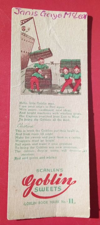 Rare Scanlens Goblin Sweets Book Mark Bookmark 11 1960 