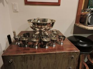 Vintage Silver Plate Punch Bowl W/ Ladle & 12 Cups Vintage - Marked Ep