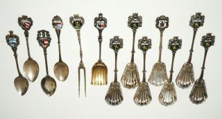 13x German 800 Silver & Enamel Souvenir Spoons & Fork W.  Regional Crests (rox)