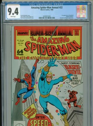 1988 Marvel Spider - Man Annual 22 1st Appearance Speedball Cgc 9.  4 Box8