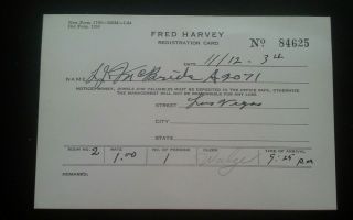 Authentic Fred Harvey Hotel Registration Card 1934 Las Vegas Mexico
