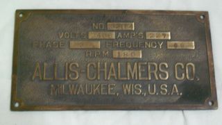 Allis Chalmers Co.  Milwaukee,  Wis.  U.  S.  A.  Brass Plaque,  Volts/amp 