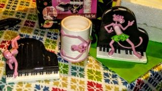 Vandor 1998 Pink Panther 3 Piece Bath Set Soap Dish Mug Toothbrush Holder Nib