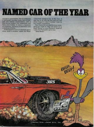 1969 Plymouth Road Runner Cartoon Car Of The Year Color 2 Pg Print Ad