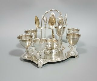 Antique Silver Plate 6 Egg Cup Holder Cruet Spoons Salt Cellar Breakfast Set