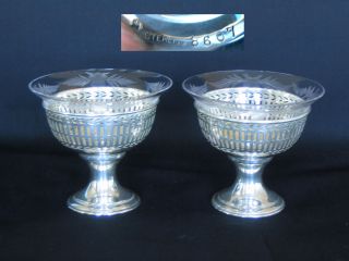 Antique Sterling Silver Sherbet Bowls Etched Crystal Glass