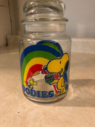 Vintage Snoopy Peanuts Glass Goodies Jar Container With Lid Charlie Brown 1965