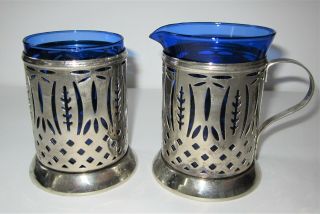 Vintage Art Deco Blue Cobalt Glass Creamer & Sugar With Silver Insert