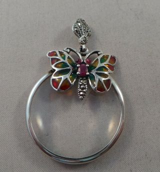 Sterling Silver Butterfly Ruby Magnifying Glass Pendant