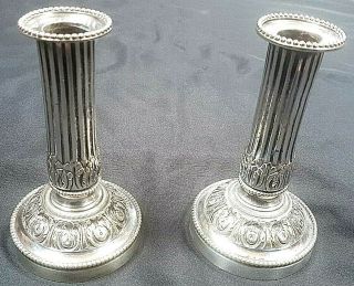 Antique Victorian French Doric Column Silver Plated Candlesticks C 1870